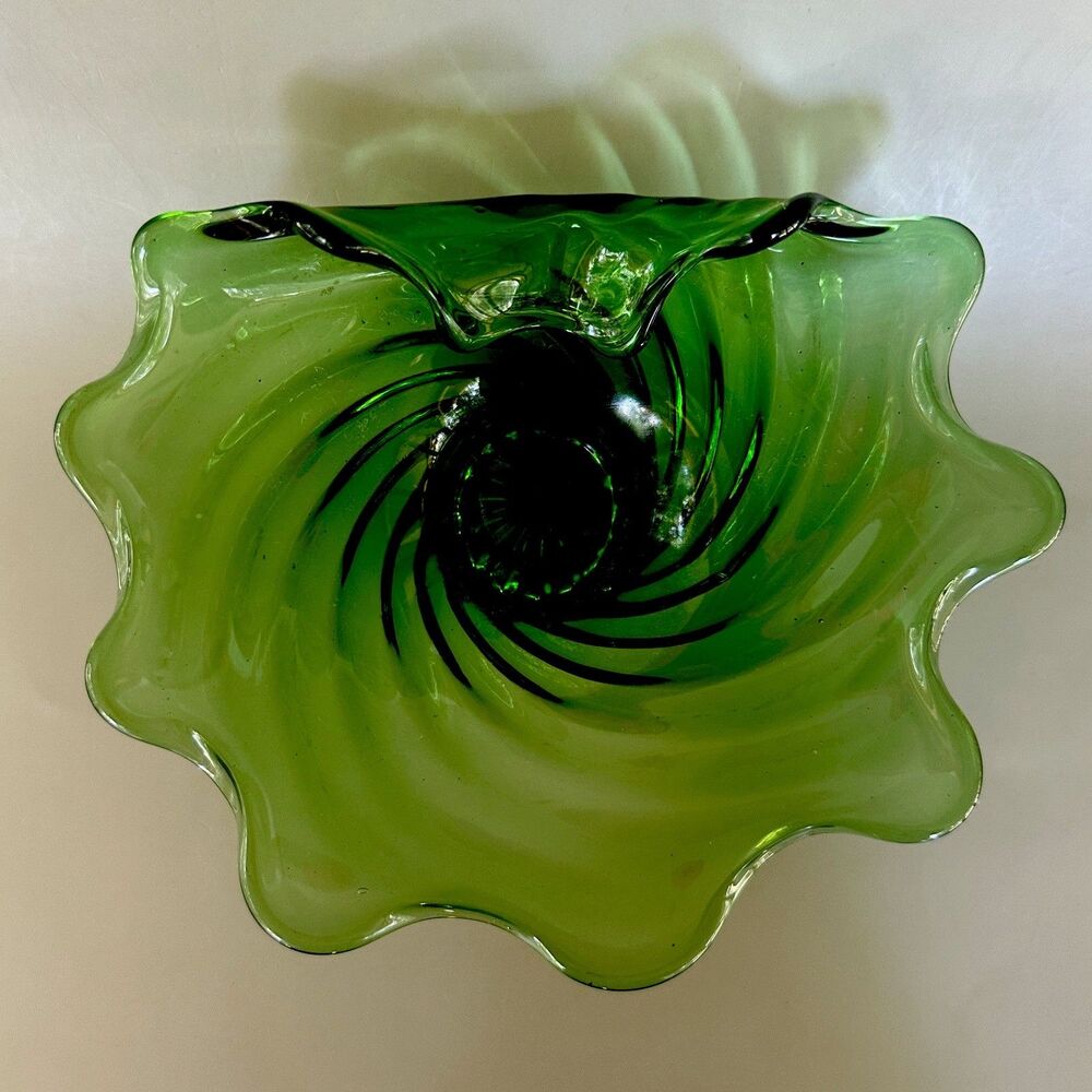 Vintage Green Art Glass Pedestal Bowl Swirl Optic MCM Freeform Ruffled Rim
